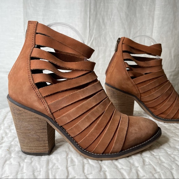 Free People Strappy Hybrid Stacked Heel Boot Brown Leather 38 Brown Zip Strap - Picture 8 of 15